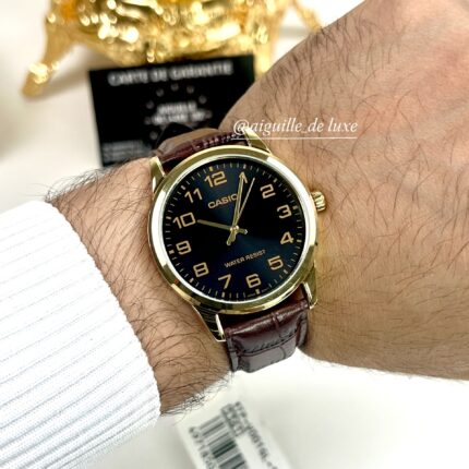 Casio Homme MTP-V001GL-1B Élégante Plaqué Or Cadran Noir Bracelet Cuir MTP-V001GL-1B https://aiguilledeluxe.com original Algerie DZ
